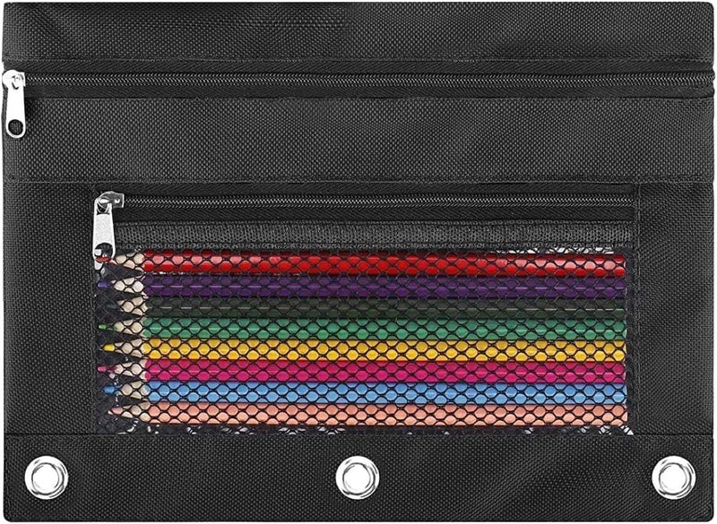 ASBEFORE Pencil Pouch for 3 Ring Binder - Small Zipper Pen Case, Black Pencil Pouches for Boys Kids, School Supplies, 3 Hole Nylon Pencil Bag Accessories Clear Window Aesthetic Organizer - Image 1